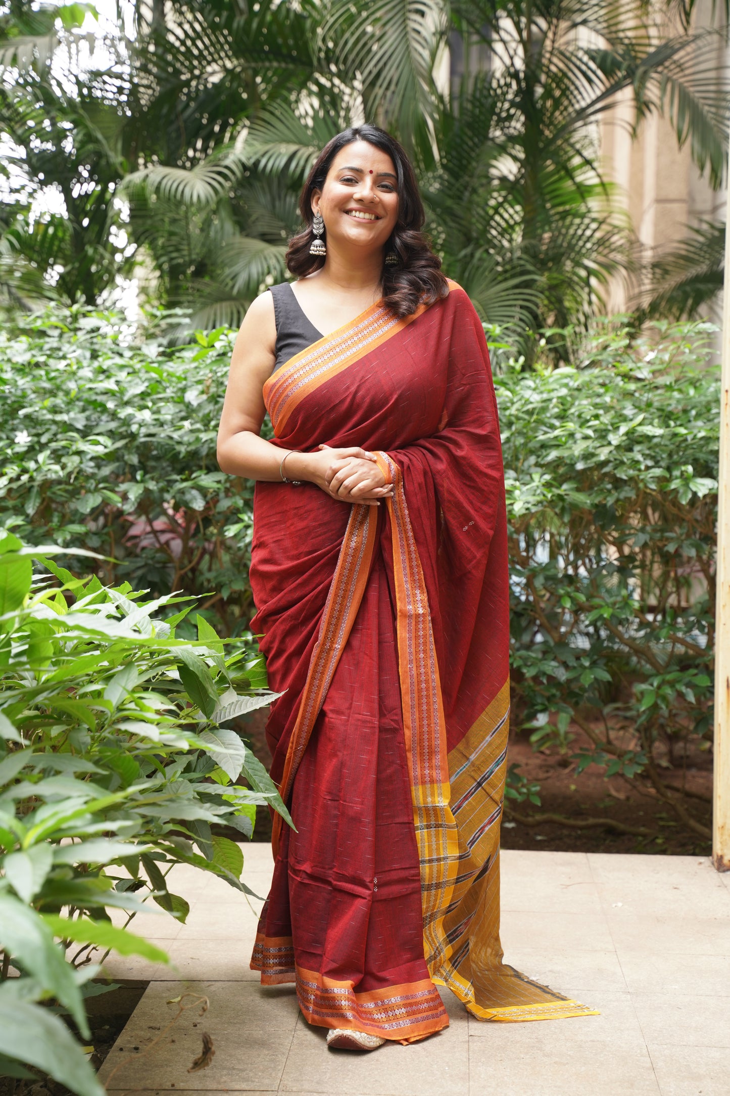 Maroon with Pumpkin Orange Border Sambalpuri Cotton Saree