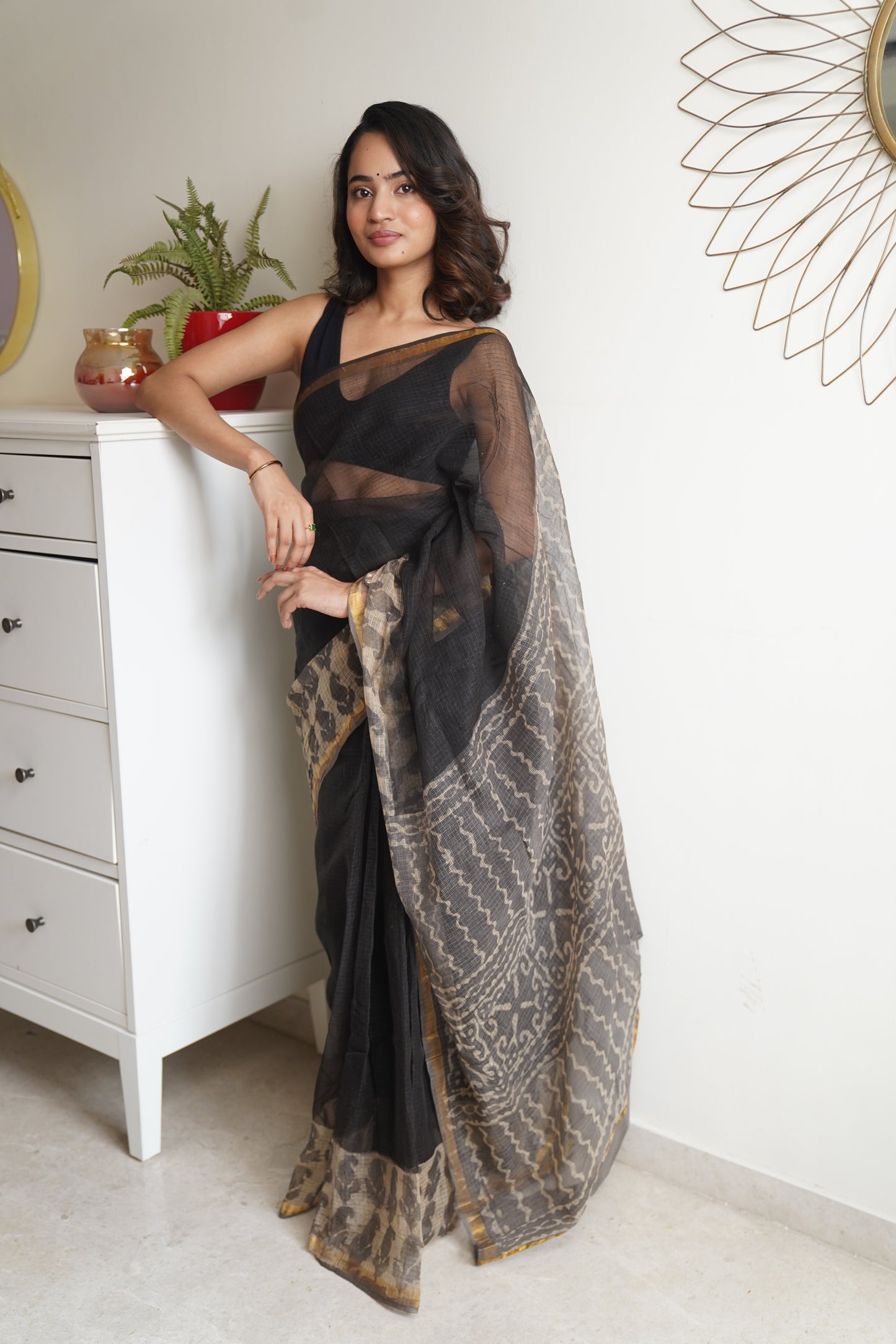 Black & Grey Handblock Print Kota Doria Saree