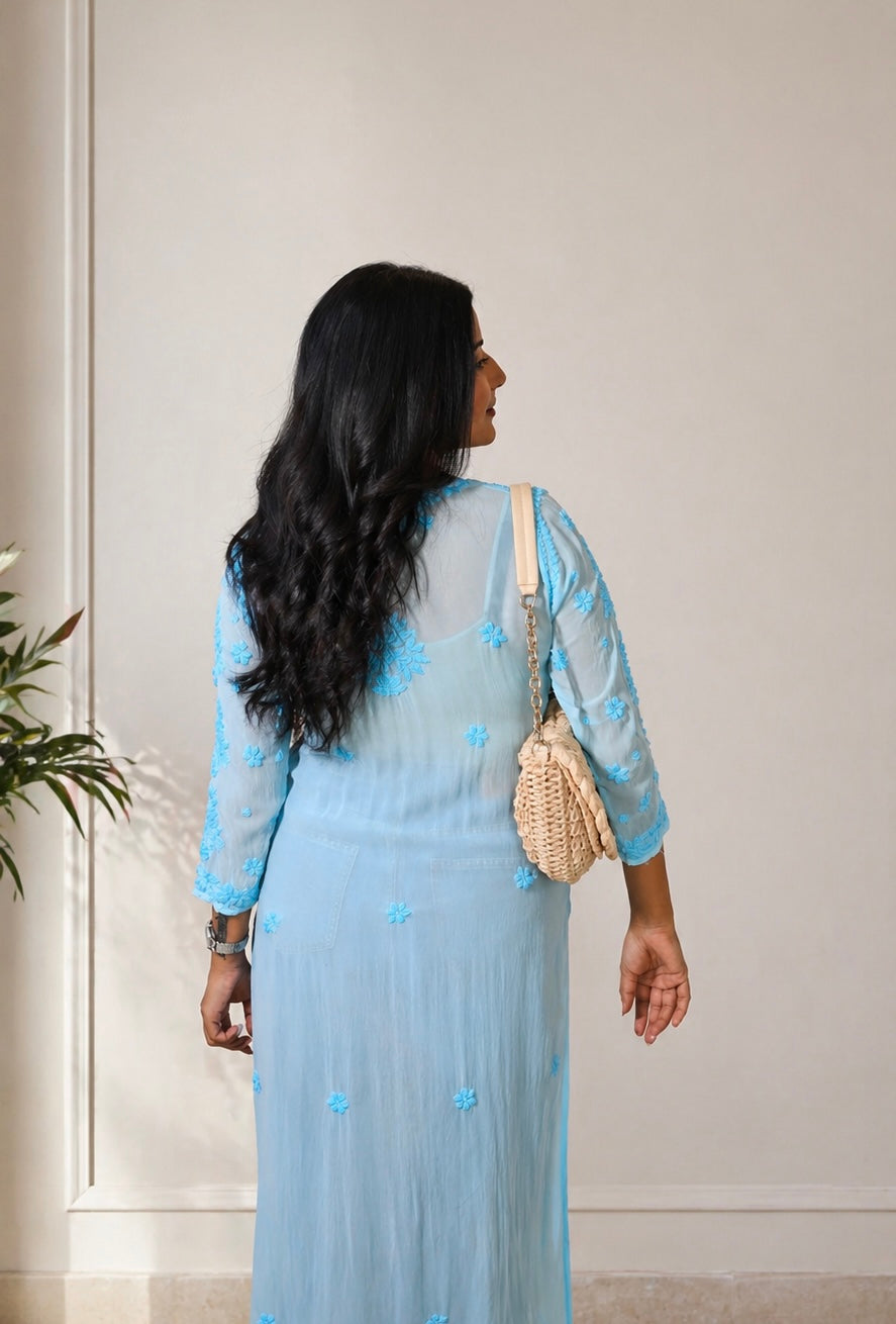 Aaradhya Chikankari Powder Blue Long Kurta 100% Viscose