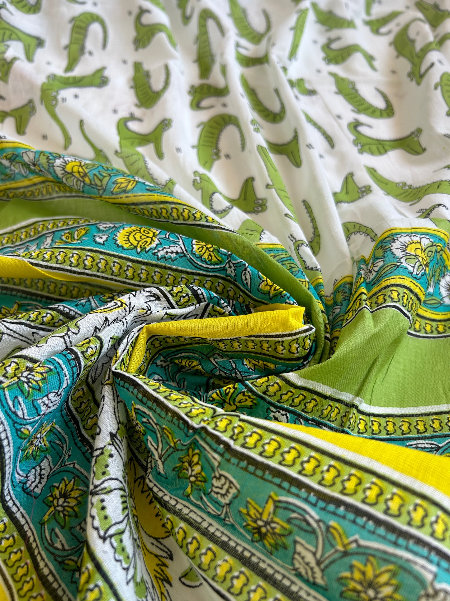 Cheeky Crocodile White & Green Cotton Saree