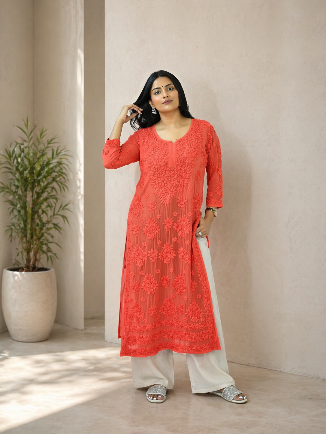 Aaradhya Chikankari Deep Orange Long Kurta 100% Viscose