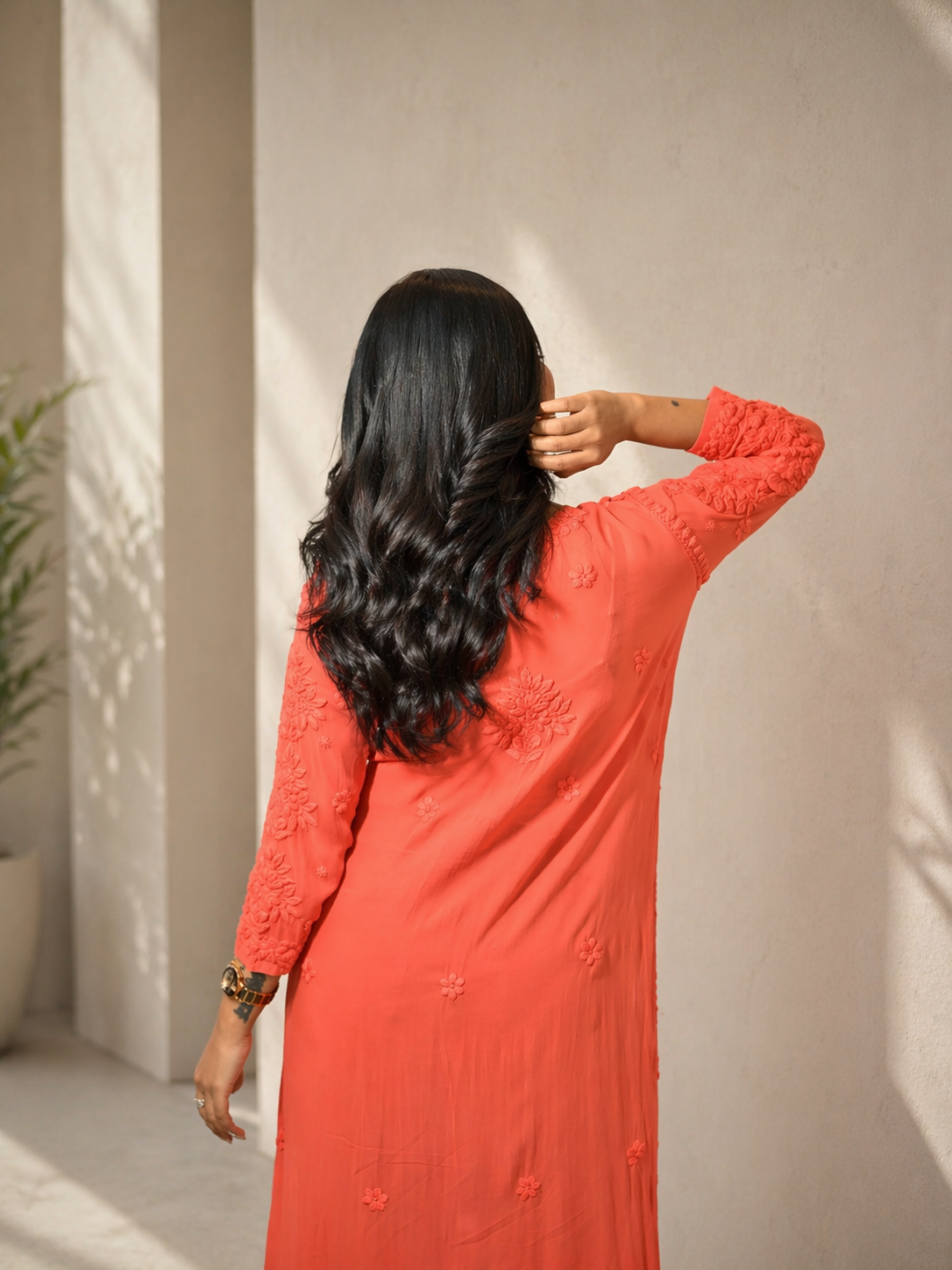 Aaradhya Chikankari Deep Orange Long Kurta 100% Viscose