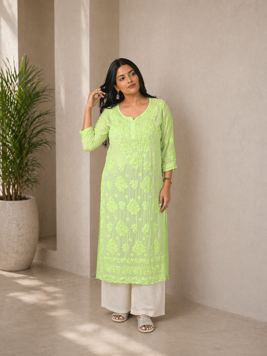 Aaradhya Handwoven Chikankari Lime Green Long Kurta 100% Viscose