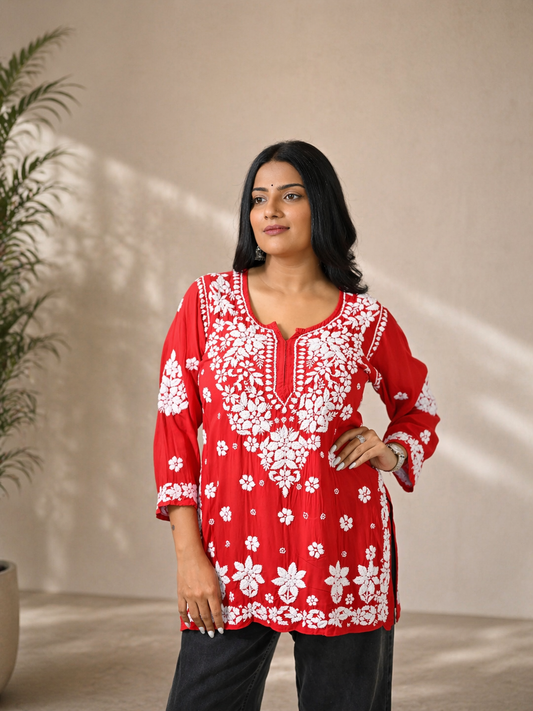 Aahana Handwoven Chikankari Vibrant Red Short Kurta 100% Modal