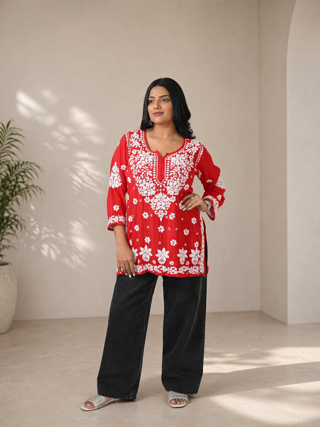 Aahana Chikankari Vibrant Red Short Kurta 100% Modal