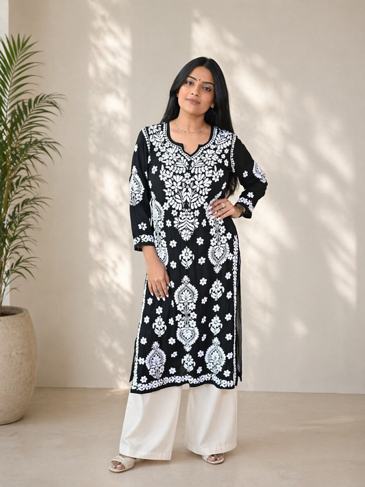 Aashni Handwoven Chikankari Black Long Kurta 100% Modal