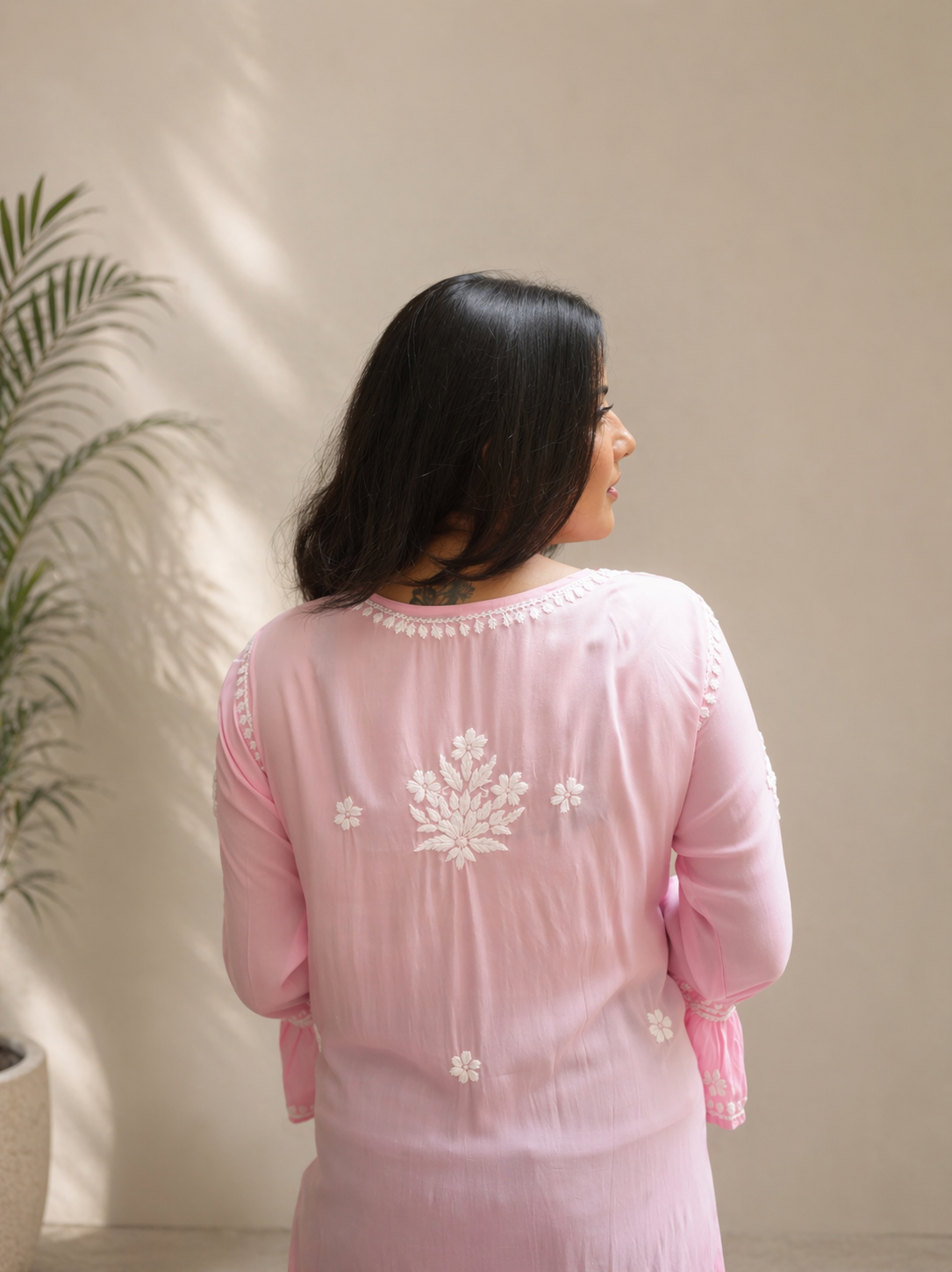 Aarohi Chikankari Baby Pink Long Kurta 100% Modal