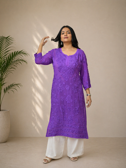 Aaradhya Handwoven Chikankari Deep Purple Long Kurta 100% Viscose