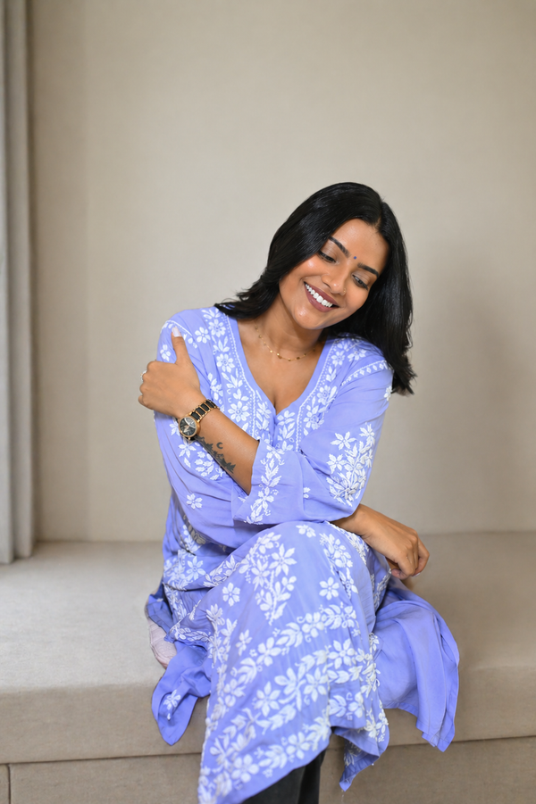 Anamika Chikankari Lavender Long Kurta 100% Modal