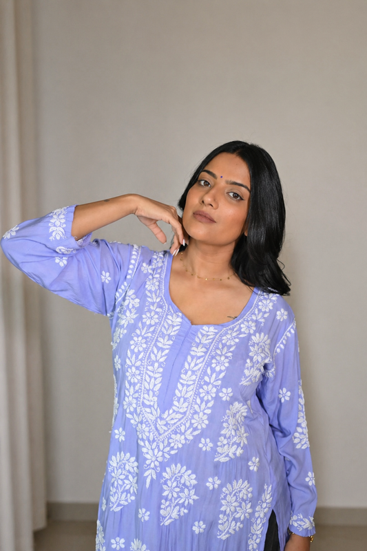 Anamika Handwoven Chikankari Lavender Long Kurta 100% Modal