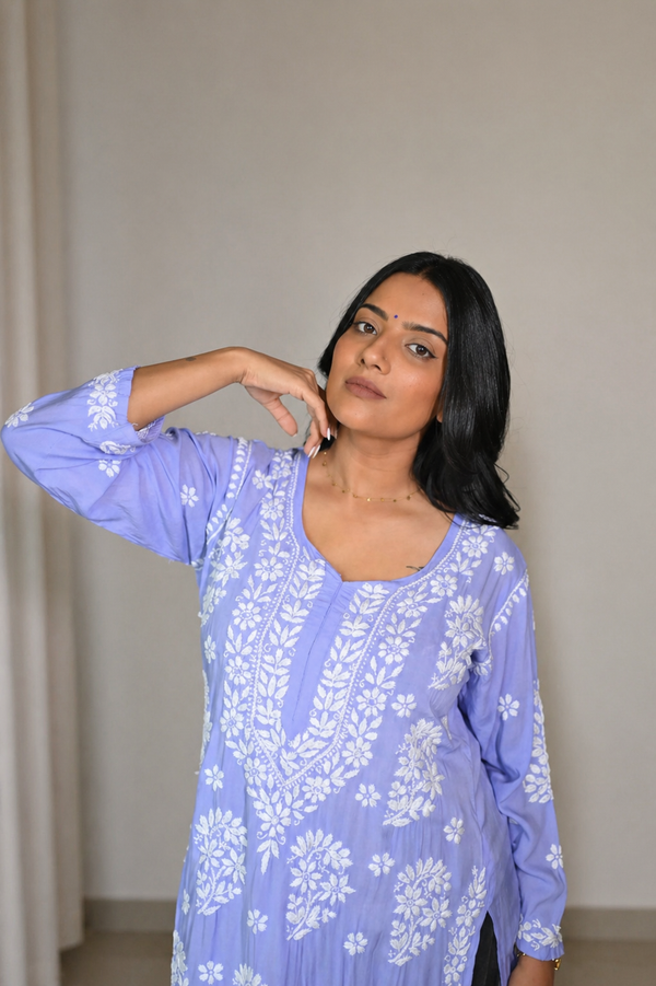 Anamika Chikankari Lavender Long Kurta 100% Modal
