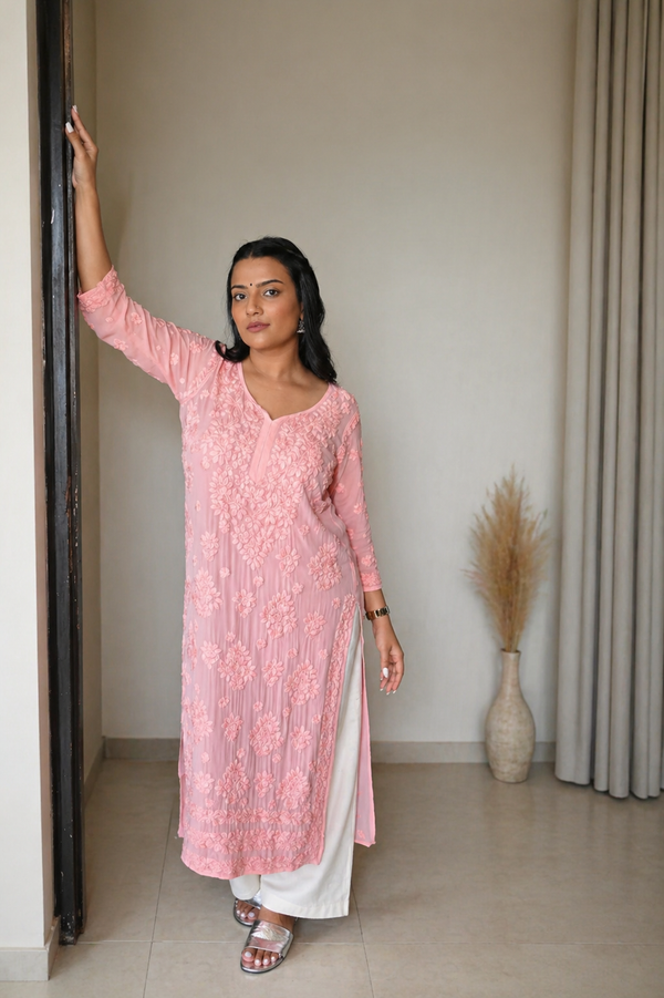 Aaradhya Chikankari Peach Long Kurta 100% Viscose