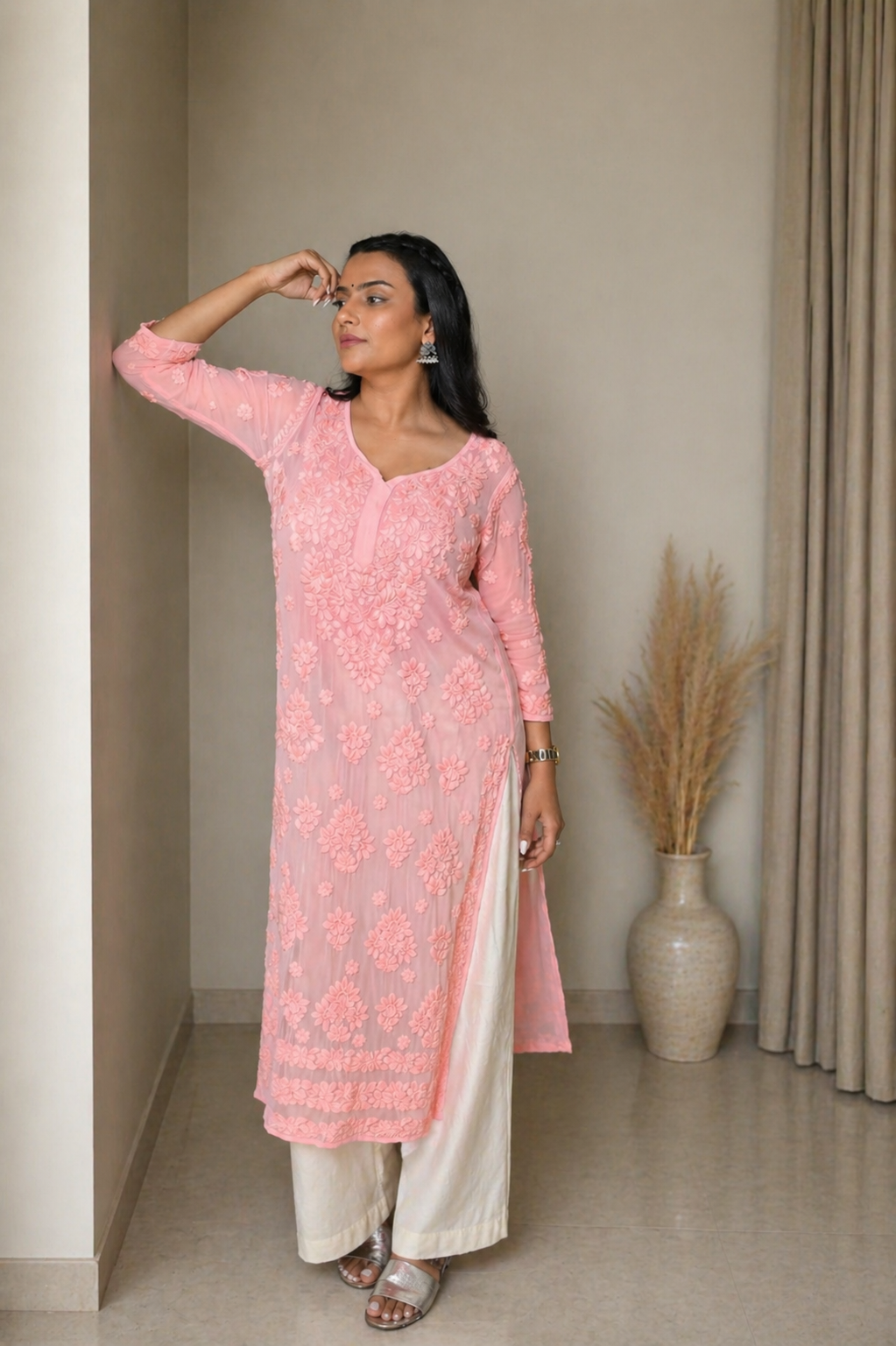 Aaradhya Chikankari Peach Long Kurta 100% Viscose
