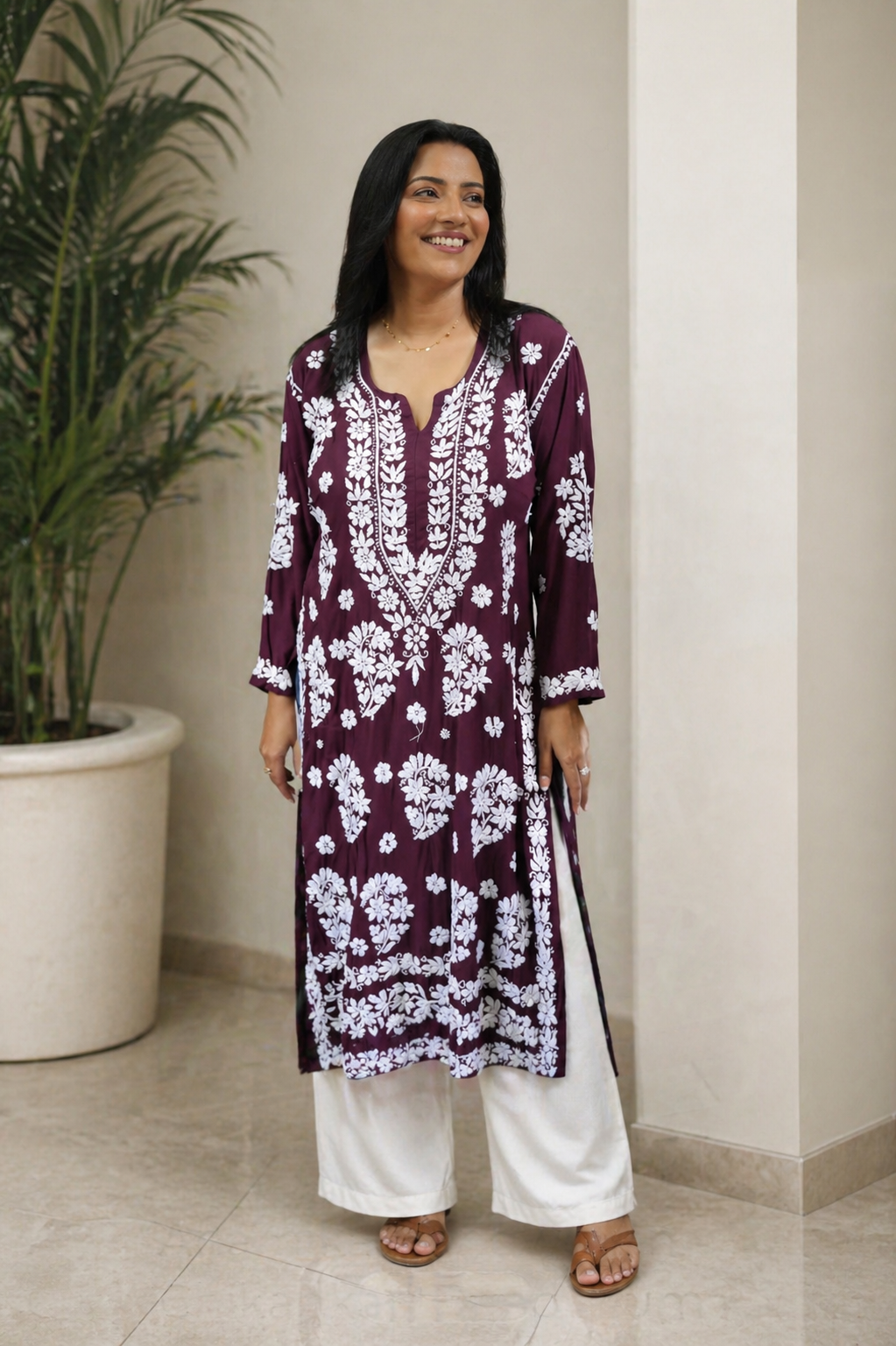 Anamika Chikankari Deep Plum Long Kurta 100% Modal