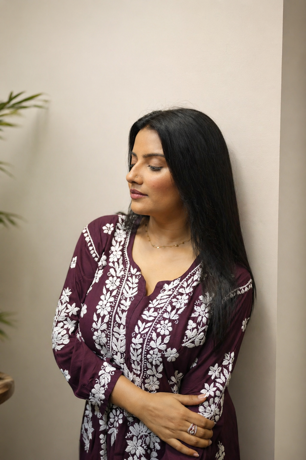 Anamika Chikankari Deep Plum Long Kurta 100% Modal