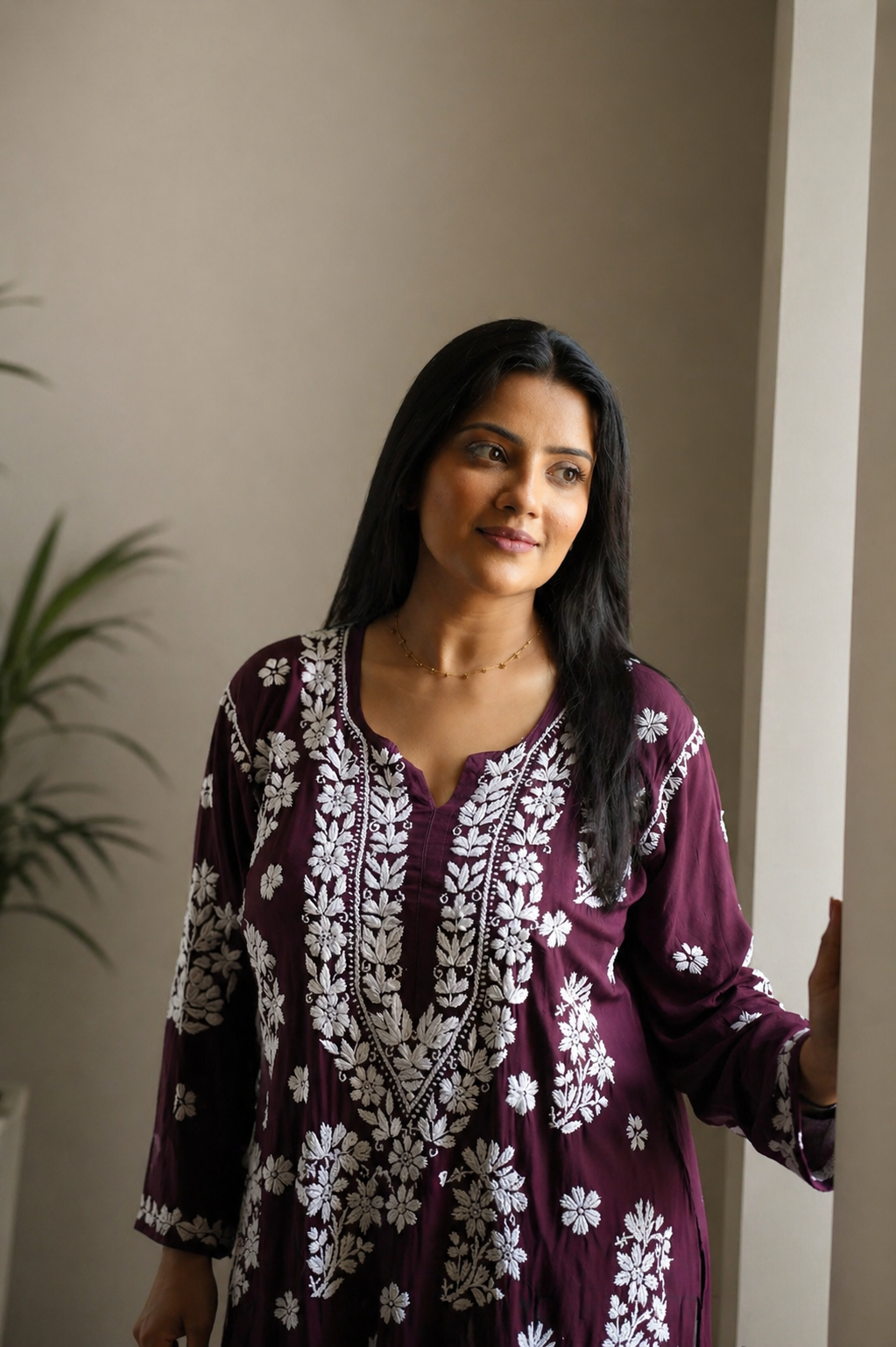 Anamika Chikankari Deep Plum Long Kurta 100% Modal