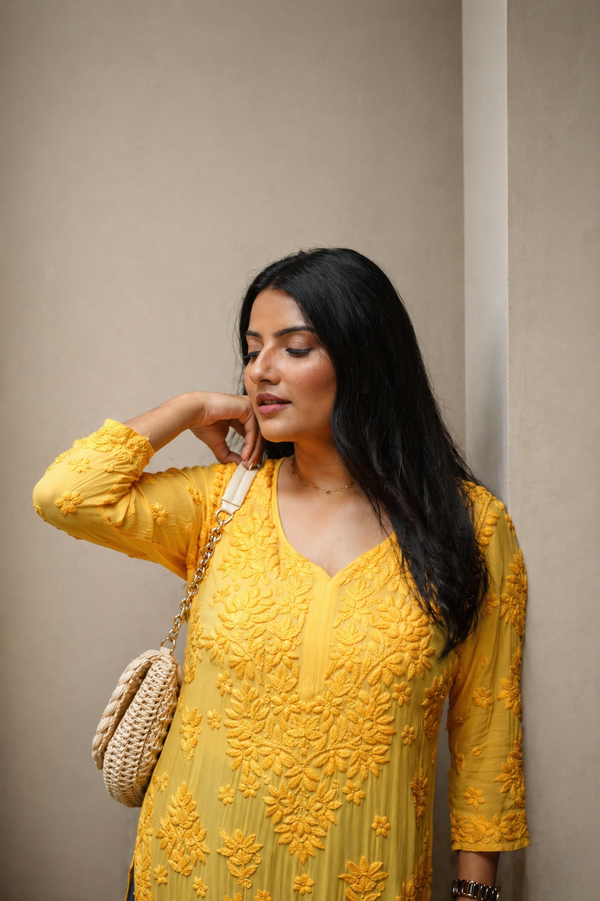 Aaradhya Chikankari Yellow Long Kurta 100% Viscose