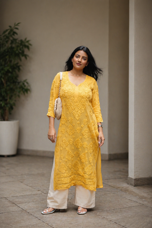 Aaradhya Handwoven Chikankari Yellow Long Kurta 100% Viscose