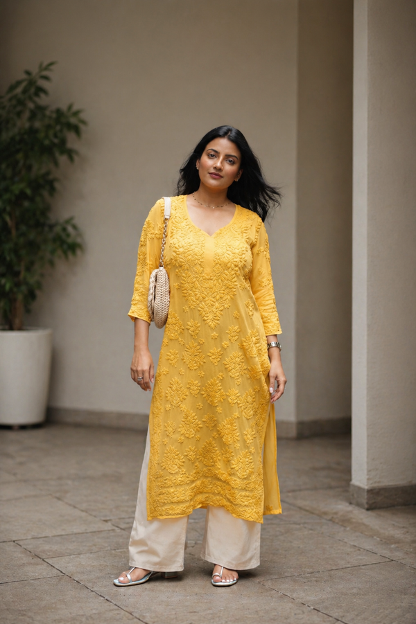 Aaradhya Chikankari Yellow Long Kurta 100% Viscose