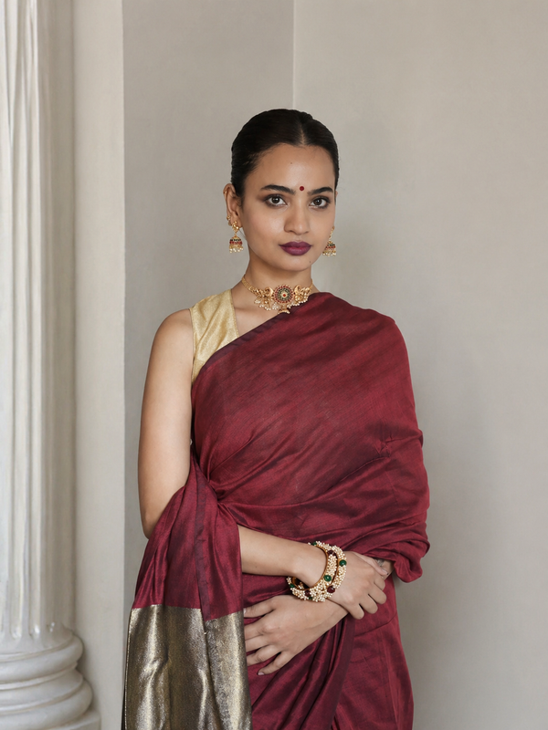 Deep Maroon & Antique Gold Khaadi Cotton Saree