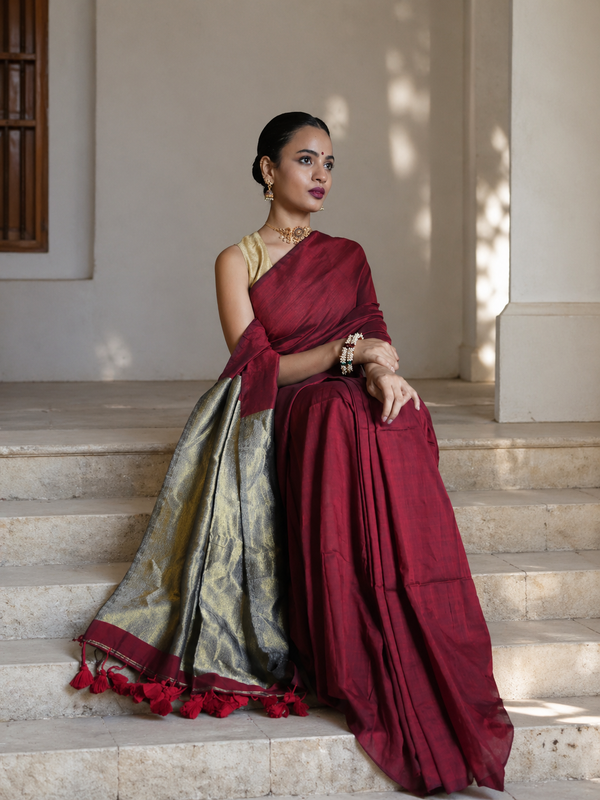 Deep Maroon & Antique Gold Khaadi Cotton Saree