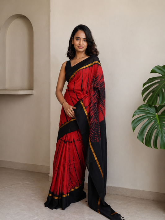 Carmine Red & Black Assam Silk and Cotton  Tie & Dye Pattern Saree