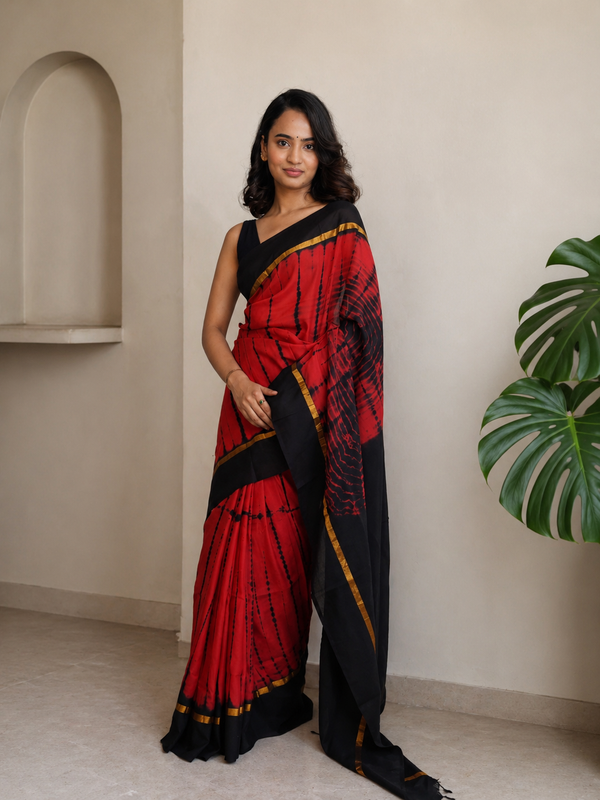 Carmine Red & Black Assam Silk and Cotton  Tie & Dye Pattern Saree