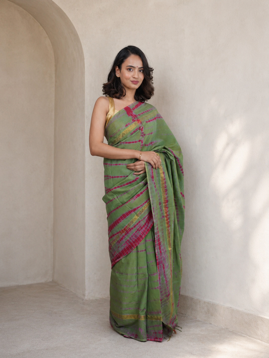 Crocodile Green & Pink Assam Silk and Cotton Tie & Dye Pattern Saree