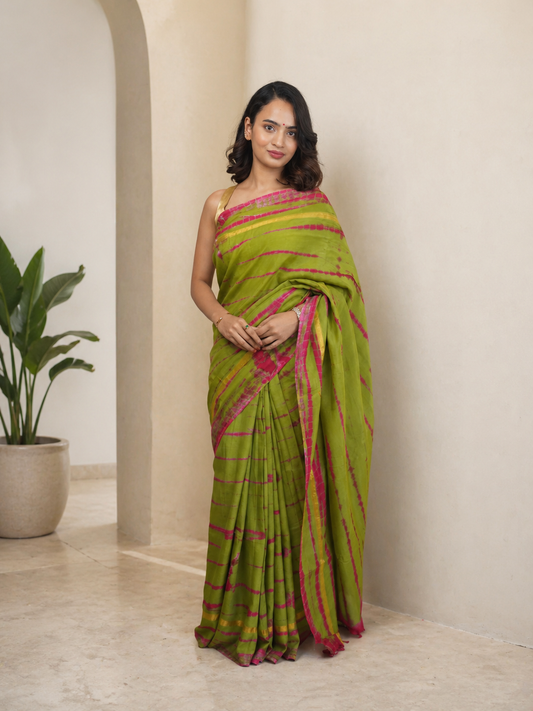 Green & Pink Assam Silk and Cotton  Tie & Dye Pattern Saree