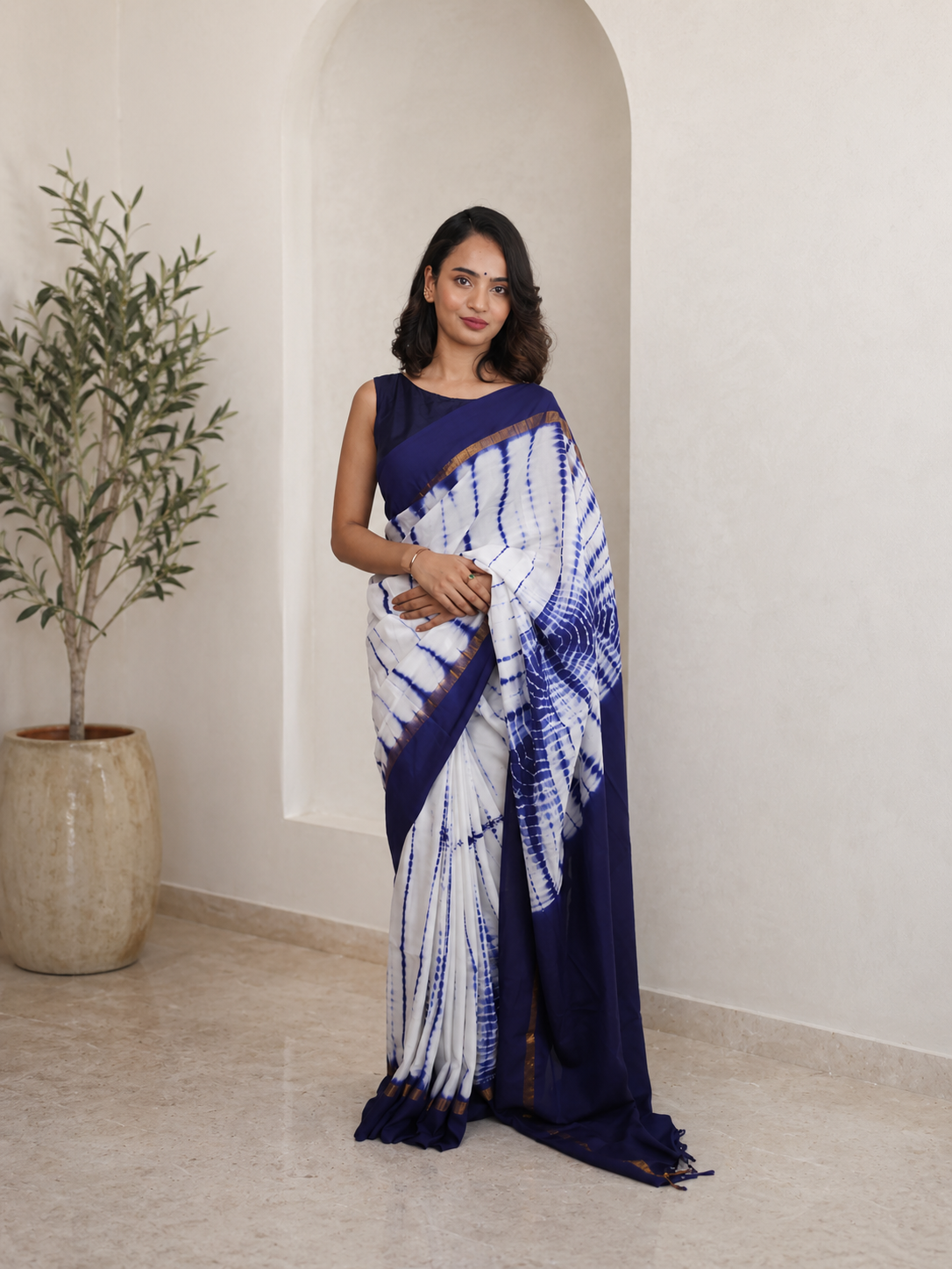 Midnight Blue & White Assam Silk & cotton Tie & Dye Pattern Saree