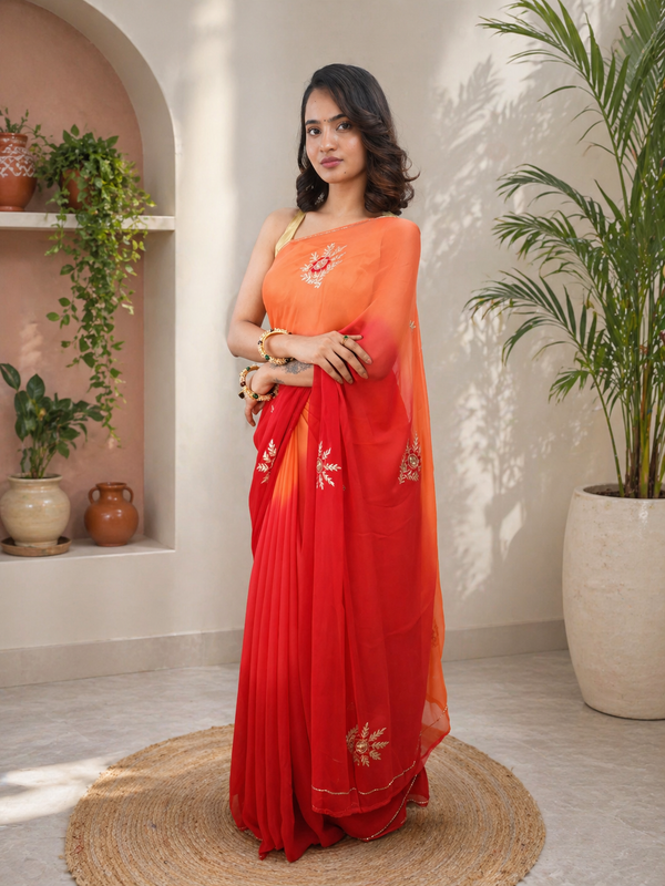 Coral and Scarlet Red Ombre Pure Chiffon Embroidered Saree