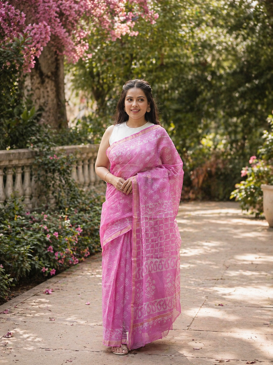 Pink Kota Doria Handblock Print Saree
