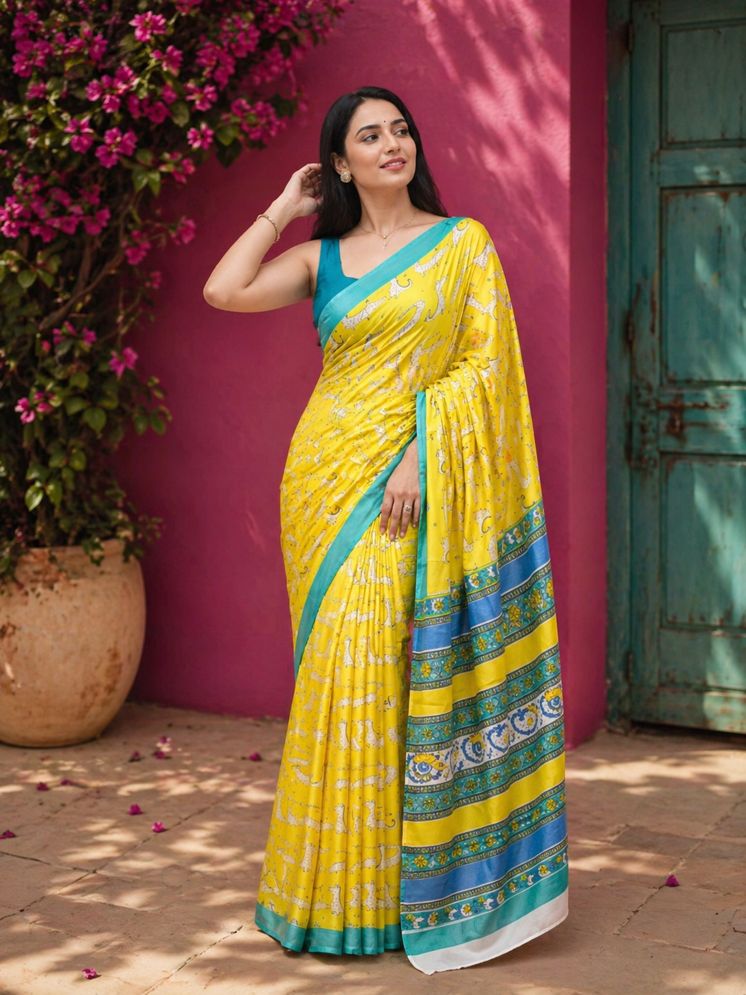 Cheeky Crocodile Yellow Cotton Saree