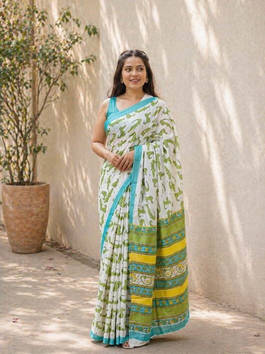 Cheeky Crocodile White & Green Cotton Saree