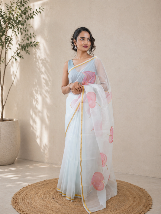 Light Turquoise Organza Hand painted Saree