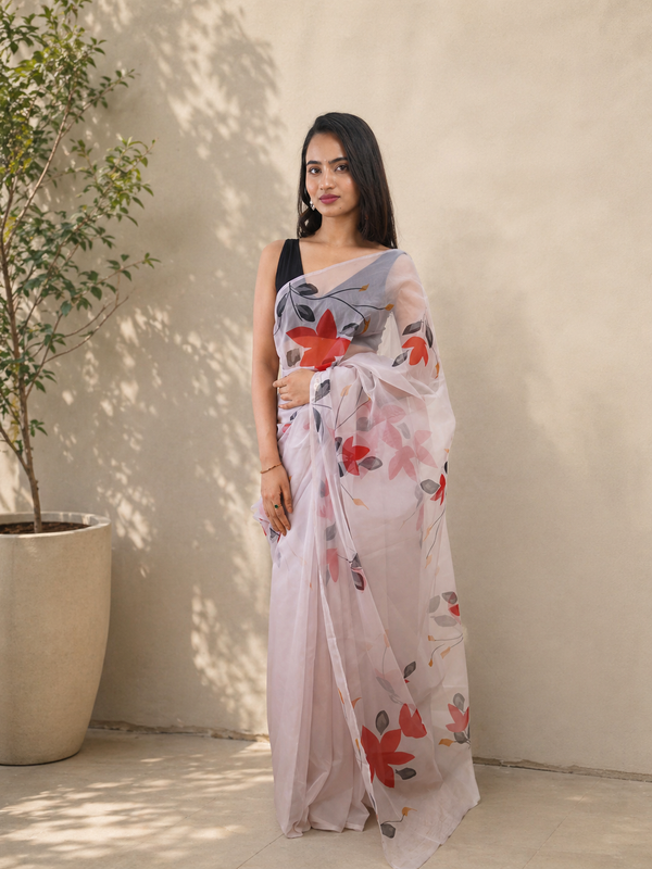 Thistle Colour Organza Hand painted Saree