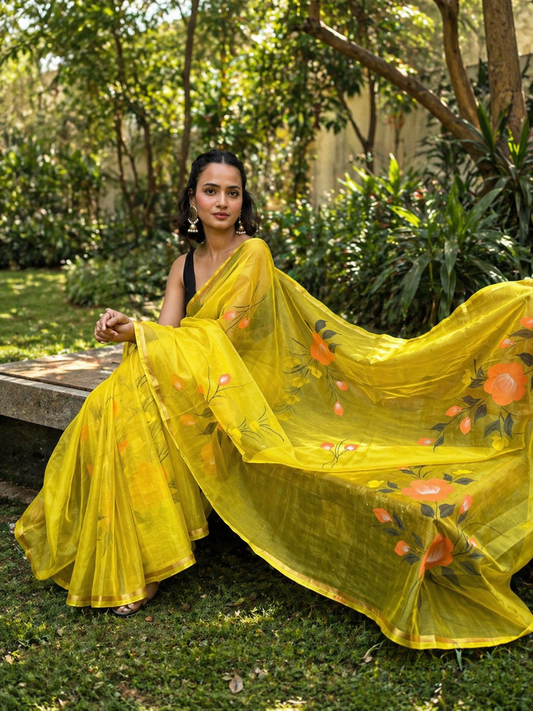 Bright Yellow Organza Handpainted Saree