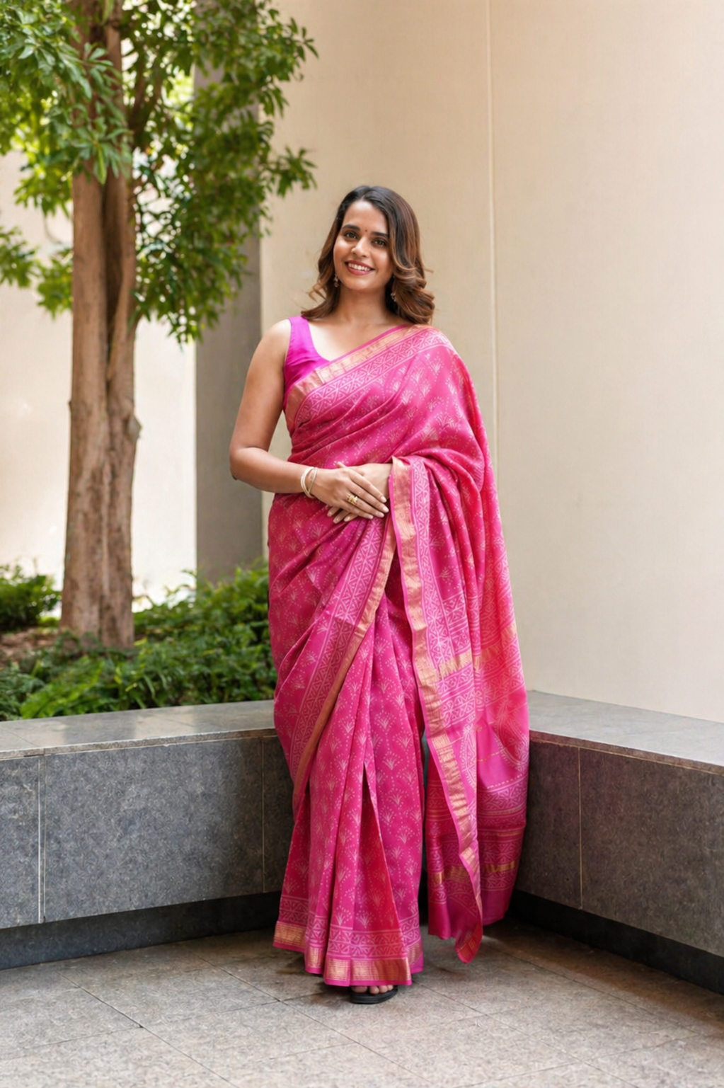 Deep Pink Maheshwari Cotton Silk Saree