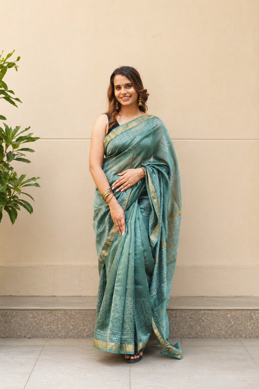 Pine Green Maheshwari Cotton Silk Saree