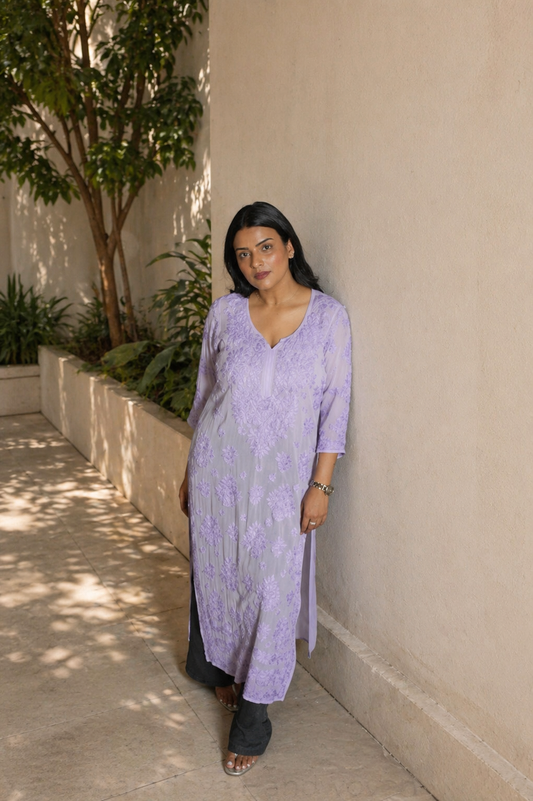Aaradhya Handwoven Chikankari Lavender Long Kurta 100% Viscose