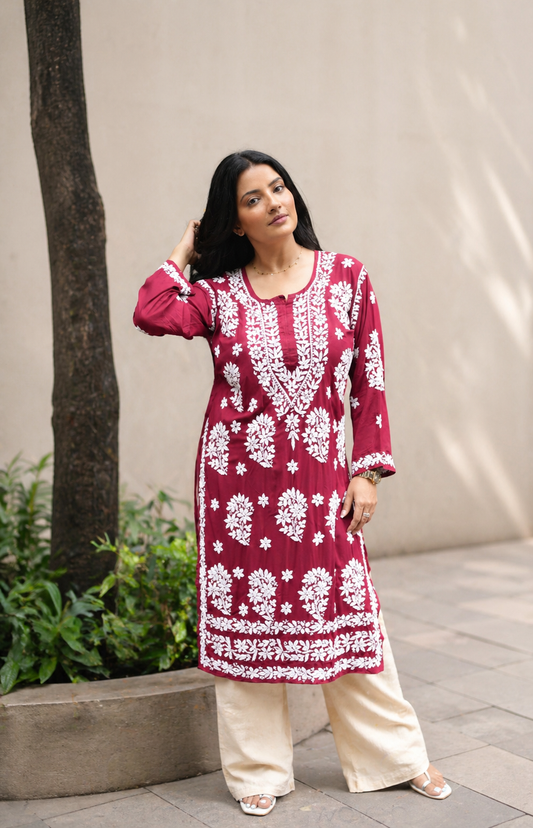 Anamika Handwoven Chikankari Red Long Kurta 100% Modal