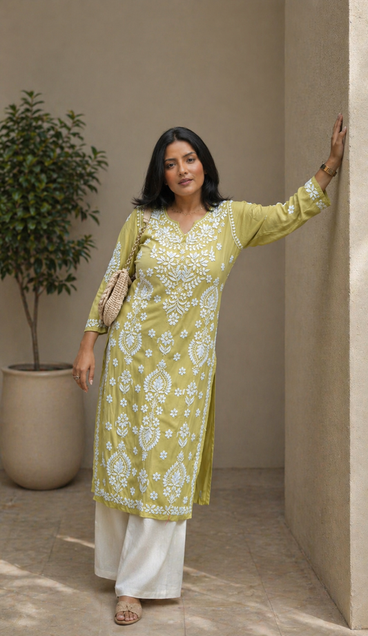 Aashni Handwoven Chikankari Fresh Green Long Kurta 100% Modal