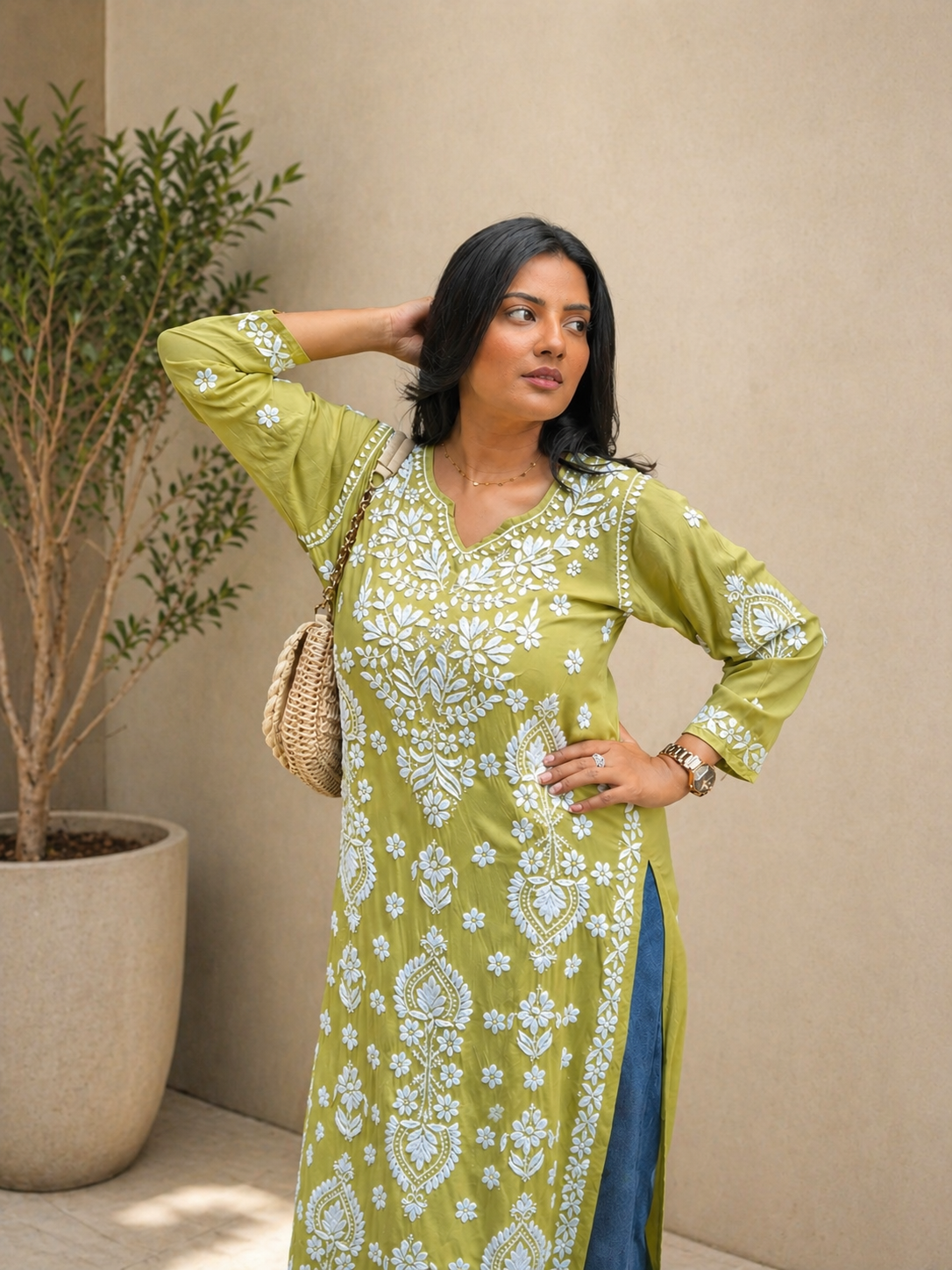Aashni Chikankari Fresh Green Long Kurta 100% Modal