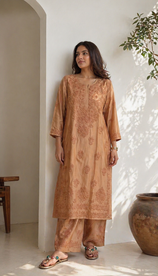 Noor Hand Embroidered Chanderi Caramel Chikankari Kurta Set
