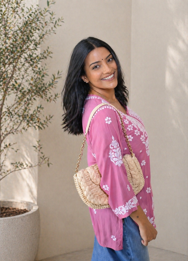 Aahana Chikankari Mauve Pink Short Kurta 100% Modal