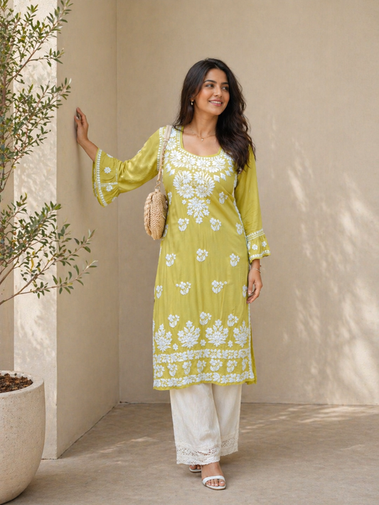 Aarohi Chikankari Lime Green Long Kurta 100% Modal
