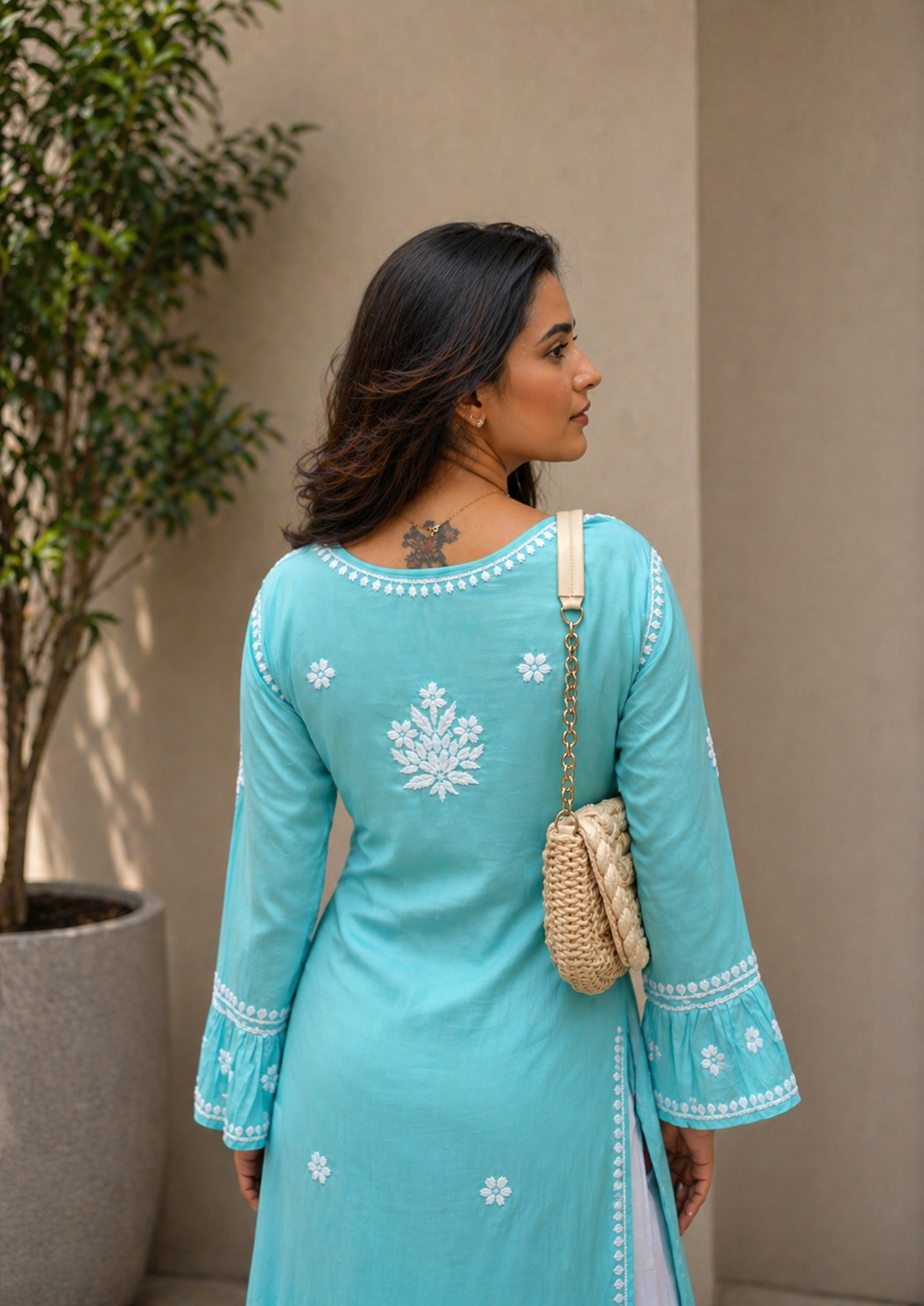 Aarohi Chikankari Aqua Blue Long Kurta 100% Modal