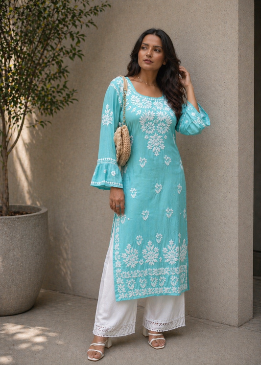 Aarohi Chikankari Aqua Blue Long Kurta 100% Modal