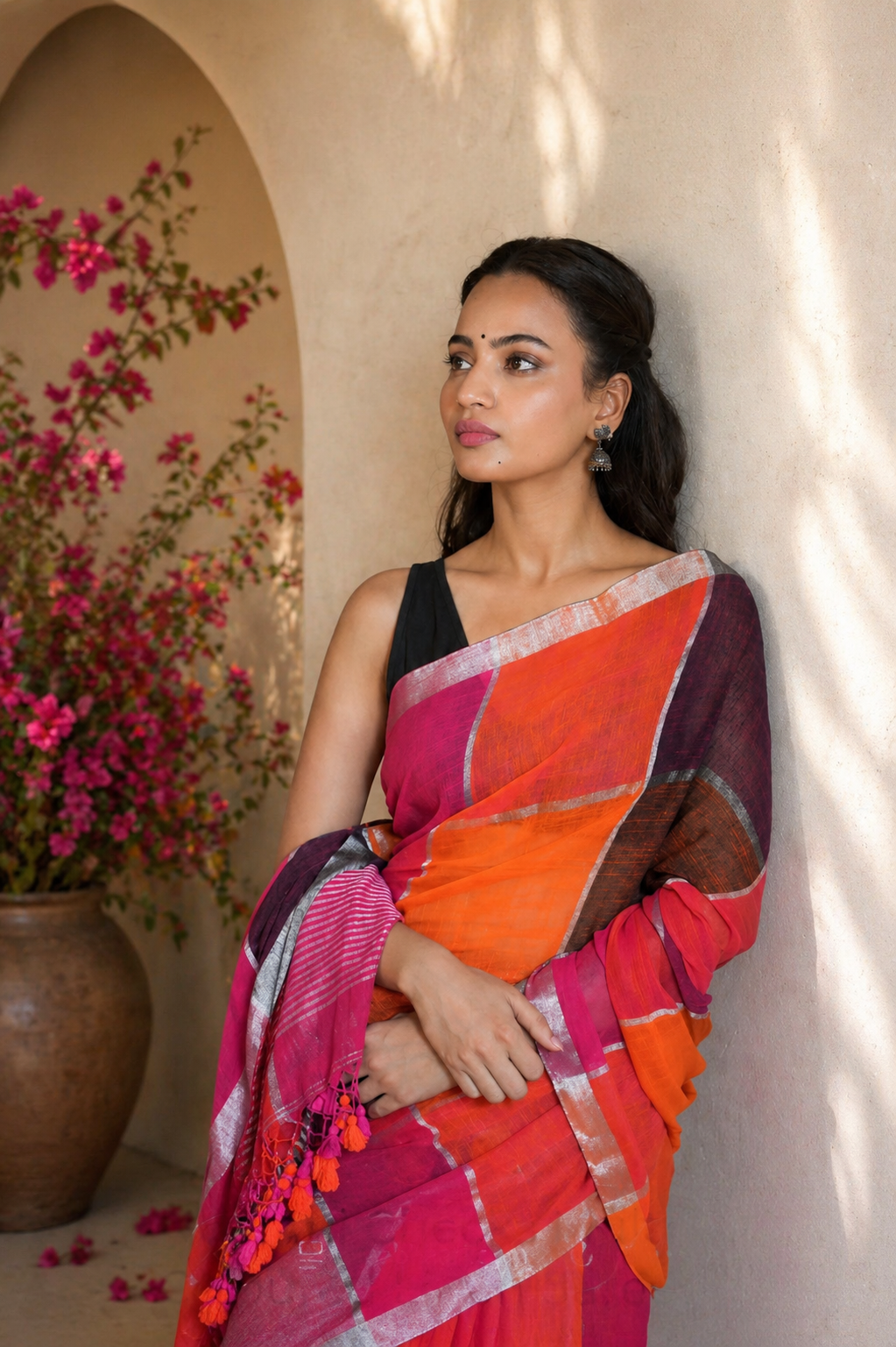 Noorani Checks Multi Coloured Linen Saree
