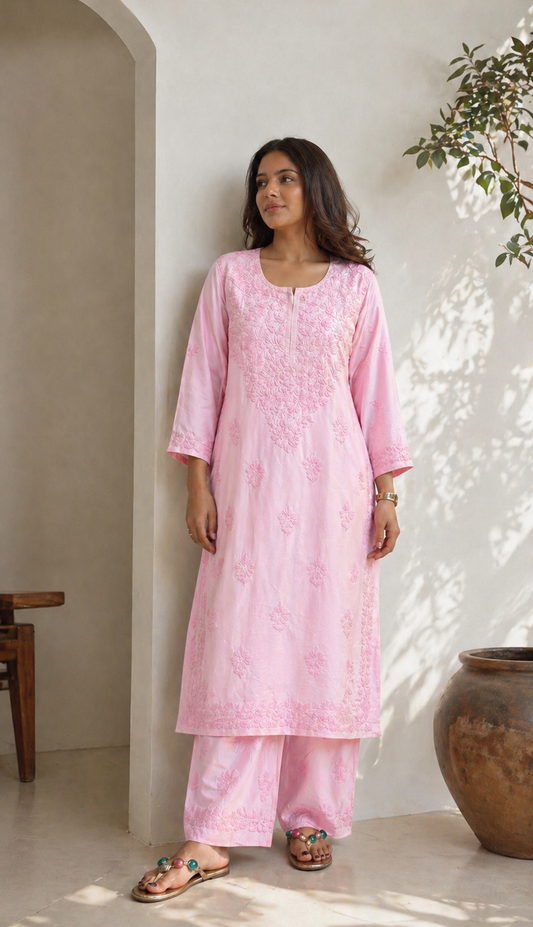 Gulabi Noor Hand Embroidered Chanderi Caramel Chikankari Kurta Set